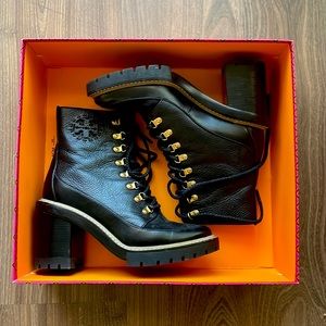 Tory Burch black leather lug sole bootie 8